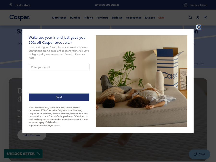 Casper referral popup reading 'Your friend just gave you 30% off Casper products' with an email field and exclusions listed