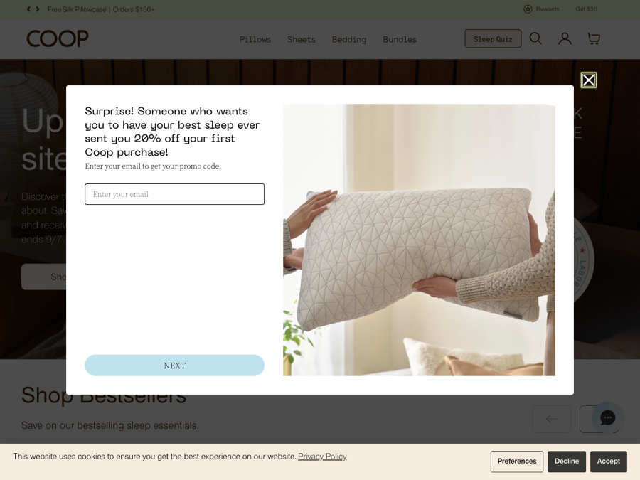 Coop Sleep Goods referral popup reading 'Someone who wants you to have your best sleep ever sent you 20% off your first Coop purchase'