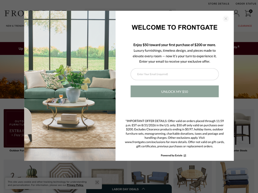 Frontgate referral popup reading 'Enjoy $50 toward your first purchase of $200 or more' with an email field and an expiration of 11:59pm ET on 8/31/2026