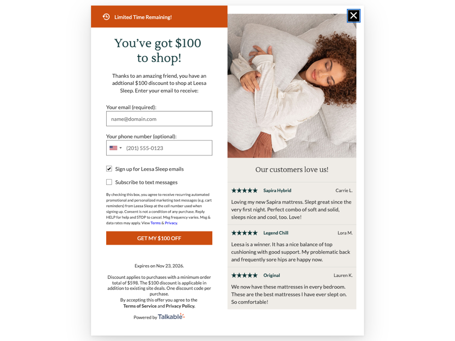 Leesa referral landing page reading 'You've got $100 to shop!' with an email field, expiring November 23, 2026, minimum order $598