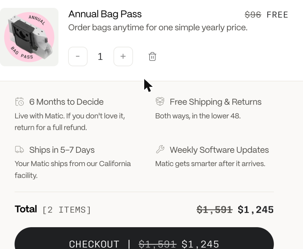 Matic cart showing the Annual Bag Pass with $96 crossed out and replaced with FREE, alongside a $1,245 Matic robot