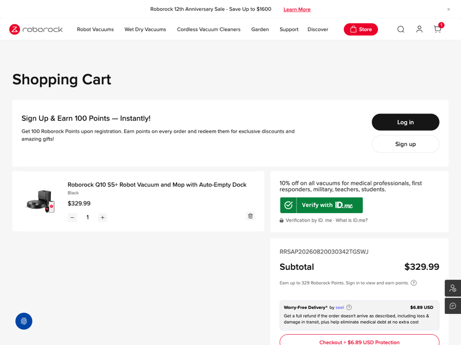 Roborock cart showing the referral discount code applied above the subtotal for a Roborock Q10 S5+ robot vacuum